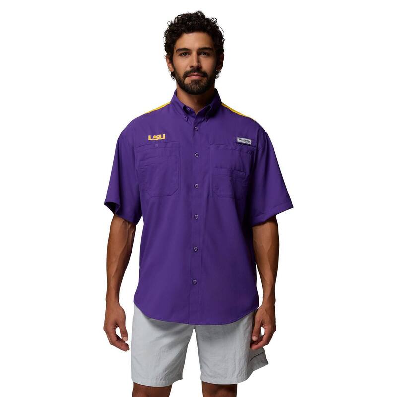 コロンビア レディース トップス プルオーバー 色つや立ちはだかる 落ち込む Men\u0027s Columbia Purple LSU Tigers Tamiami Colorblock Omni-Shade Button-Down Shirt Lsu Purple パープル