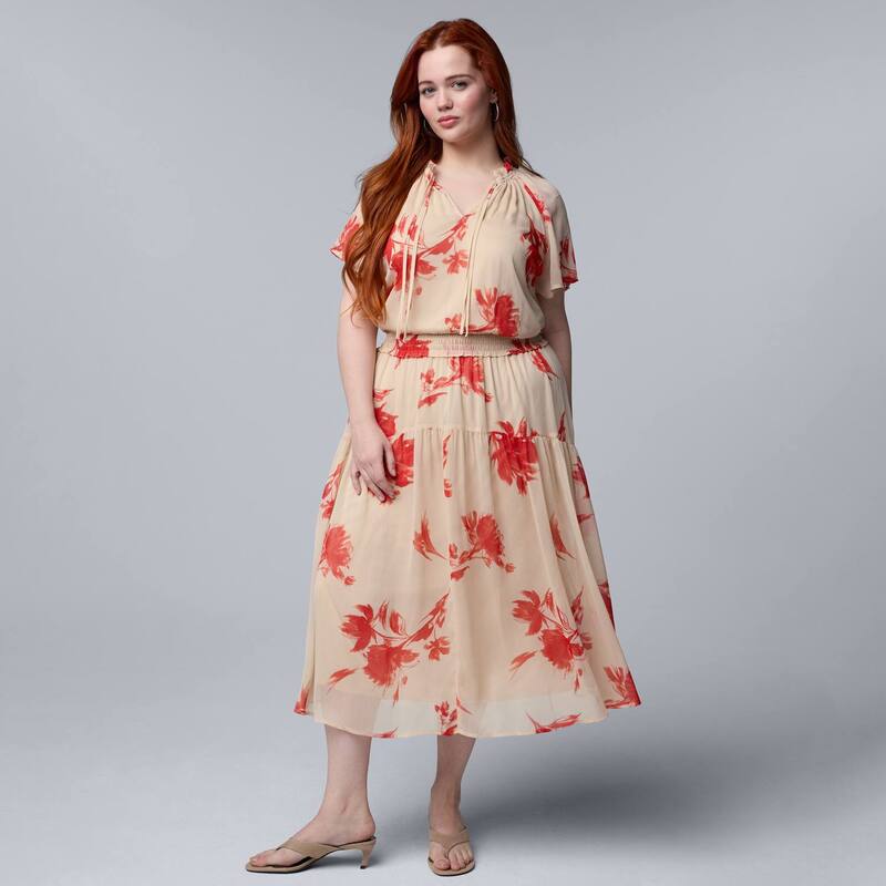 ヴェラウォン レディース トップス 衣裳 つけ加える大きさ マキシ Plusize Simply Vera Wang Flowy Maxi Dress Tan Red Water Blooms 赤いこと
