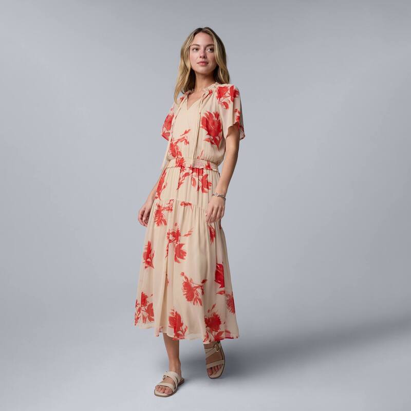 ヴェラウォン レディース トップス 衣裳 マキシ Women\u0027simply Vera Wang Flowy Maxi Dress Tan Red Water Blooms 赤いこと