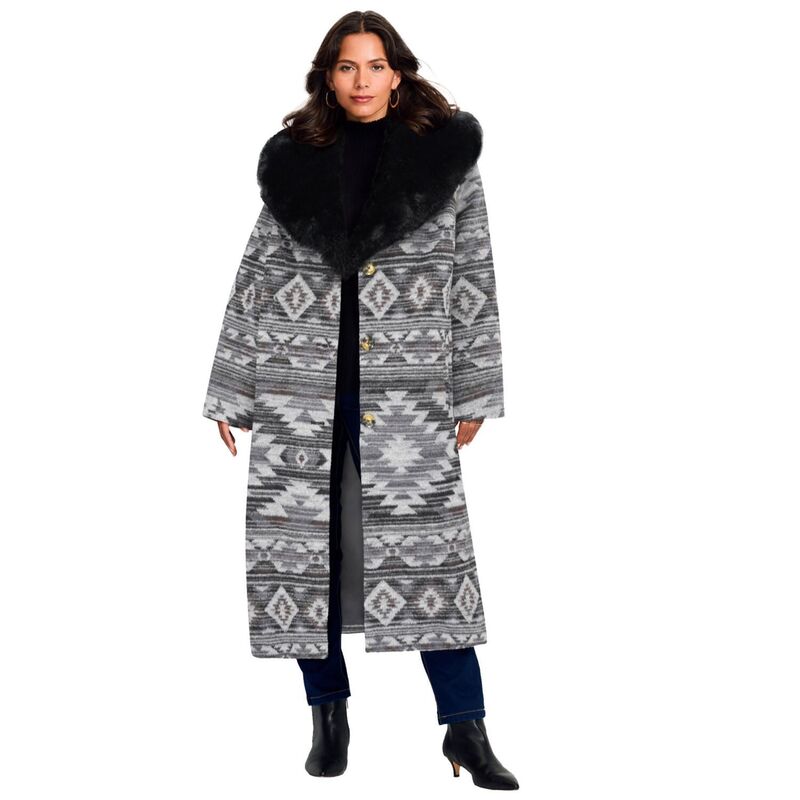 アベニュー レディース アウター 上衣・上衣 足し加える大きさ 厚地の外套 Avenue Women\u0027s Plusize Faux Fur Trim Coat Black Geometric Geo 黒いこと