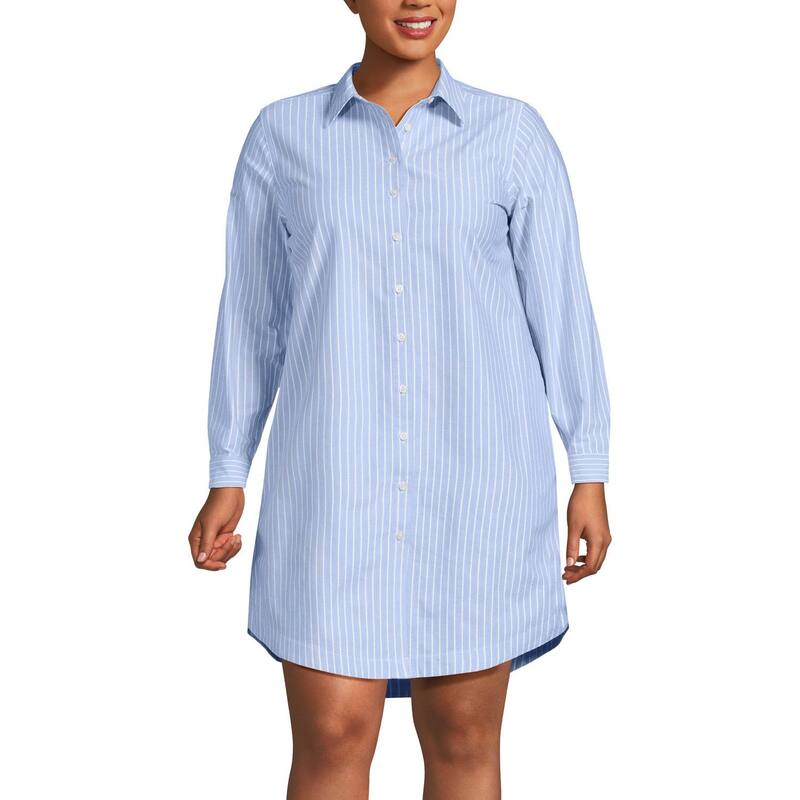 ランズエンド レディース トップス ワンピース プラスサイズ オックスフォード シャツ Plusize Lands' End Oxford Long Sleeve Button Front Shirt Dress Blue White Stripe ホワイト|ReVida 店
