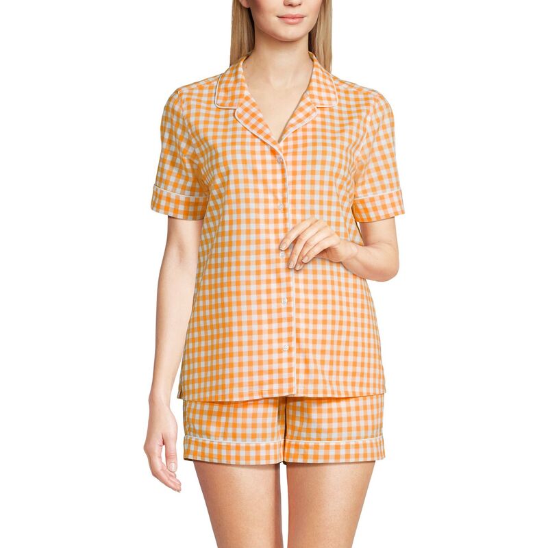 ランズエンド レディース アンダーウェア ナイトウェア ショートパンツ Women's Lands' End Poplin Pajama Top & Pajama Shortset Sweet Mango Gingham｜ReVida 店