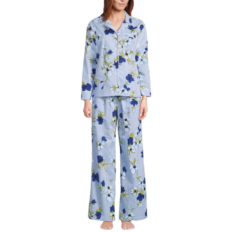 ランズ挙げ句の果て レディース アンダー御召しもの ナイト爵御召しもの ズボン下 Women\u0027s Lands\u0027 End Long Sleeve Pajama Top \u0026 Pajama Pantset Blue Striped Floral 青み