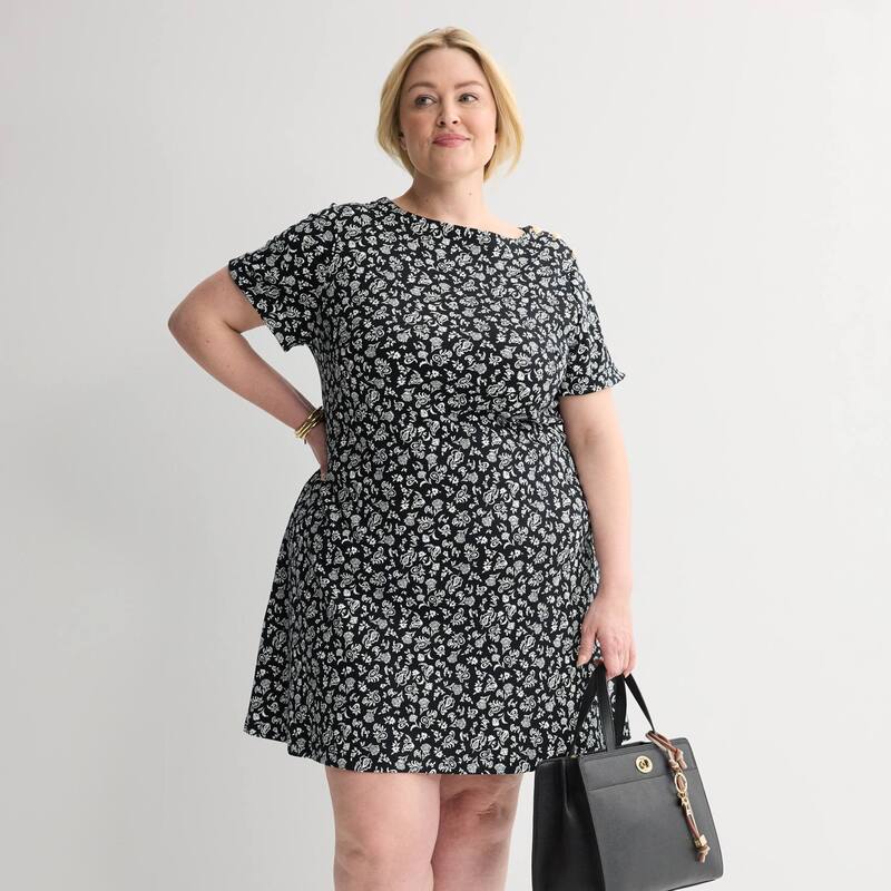 クロフト＆バロー レディース トップス ワンピース プラスサイズ Plusize Croft & Barrow Buttoned Shoulder Dress Black Easy Paisley ブラック｜ReVida 店