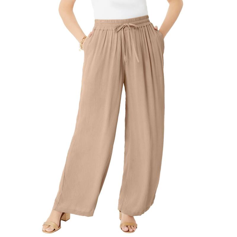 ロアマンズ レディース ボトムス カジュアルパンツ プラスサイズ Roaman's Women's Plusize Hand Crinkled Wide-Leg Pant New Khaki カーキ|ReVida 店