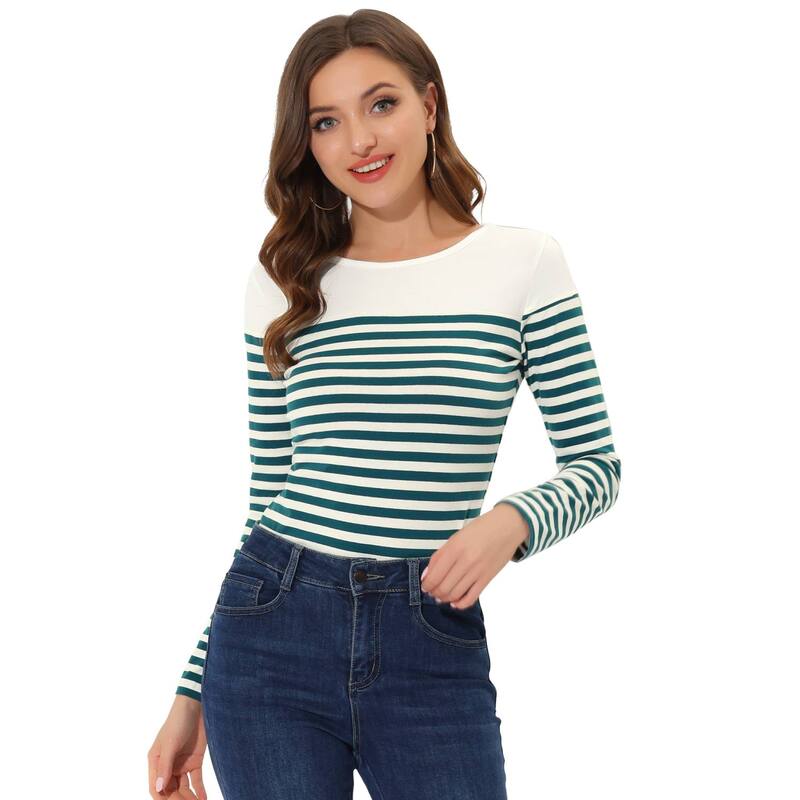 アレグラ ケー レディース トップス プルオーバー ALLEGRA K Women\u0027s Color Block Long Sleeve Striped Causal T-Shirt White Blue 白いこと