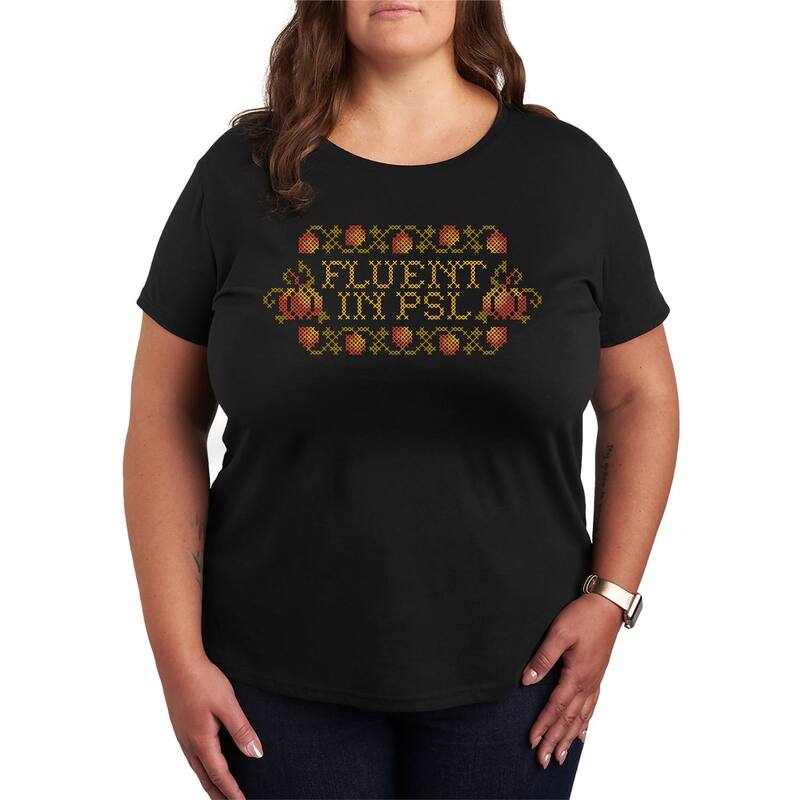 アニメ人となり レディース トップス ティーシャツ 足し加える大いさ グラフィック Licensed Character Plusize Pumpkin Spice Latte Cross-Stitch Graphic Tee Black 黒いこと