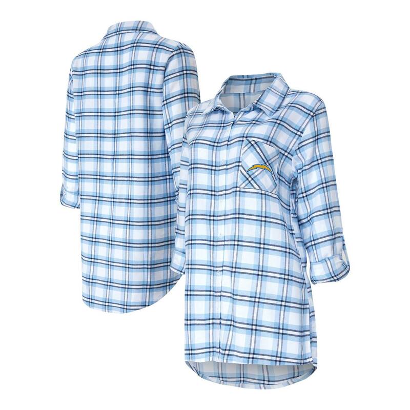 アンブランデッド レディース アンダーお召しもの ナイト爵お召しもの プルオーバー Unbranded Women\u0027s Conceptsport Powder Blue Los Angeles Chargersienna Plaid Full-Button Long Sleeve Nightshirt Chg Light 青色
