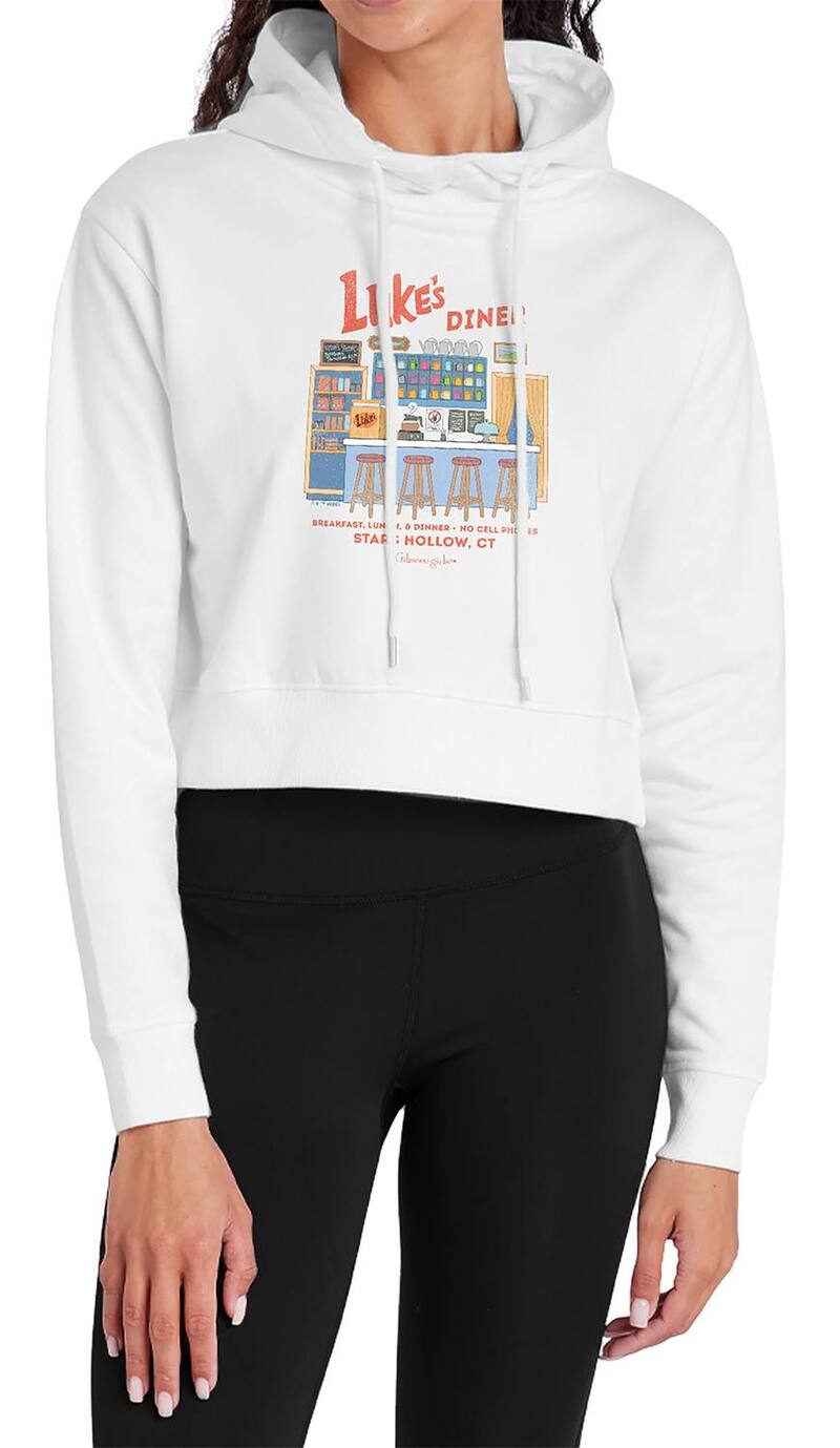 アニメ文字記号 レディース トップス ティーシャツ クロップド パーカー Licensed Character Juniors\u0027 Gilmore Girls Inside Luke\u0027s Diner Cropped Hoodie White 白いこと