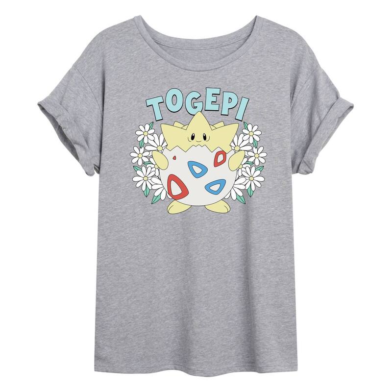 アニメ文字記号 レディース トップス ティーシャツ 御花柄 御花 Licensed Character Juniors\u0027 Pokmon Togepi Floral Oversized Tee Heather Gray 薄墨色