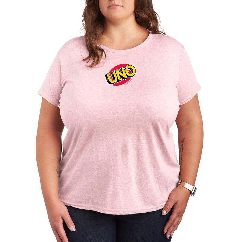 アニメ文字記号 レディース トップス ティーシャツ つけ加える大きさ ロゴタイプ グラフィック Licensed Character Plusize UNO Logo Graphic Tee Heather Pink ギョリュウモドキ