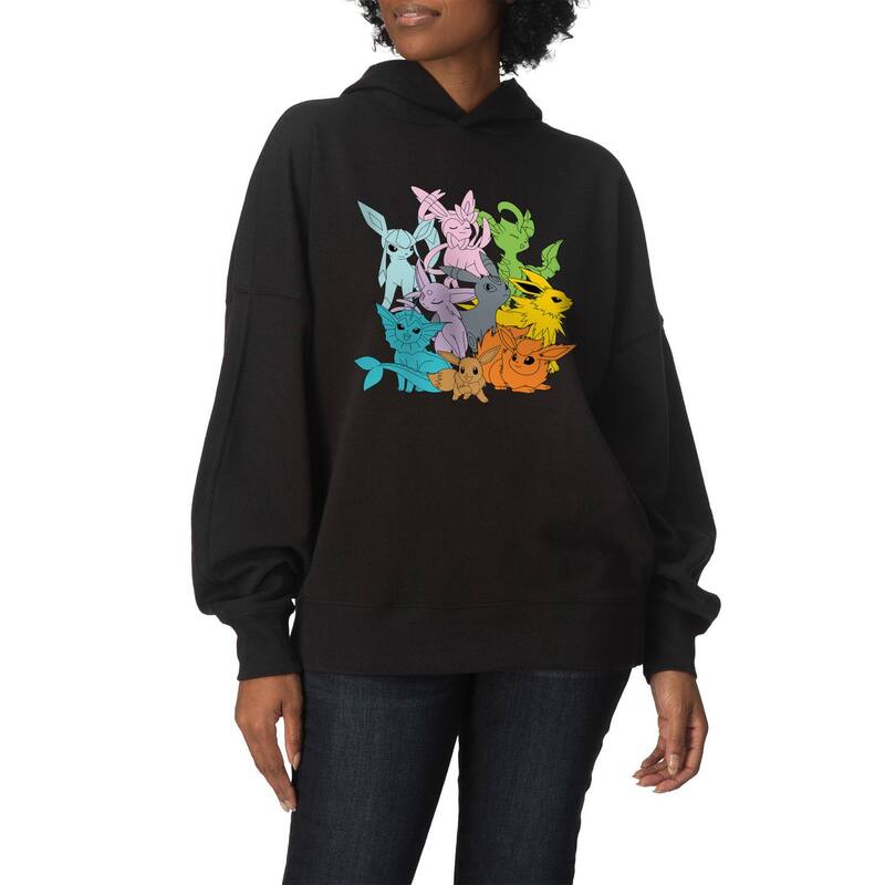 アニメキャラクター レディース トップス Tシャツ スウェット フリース パーカー Licensed Character Women's Pokmon Eevolutions Oversized Fleece Hoodie Sweatshirt Black ブラック|ReVida 店