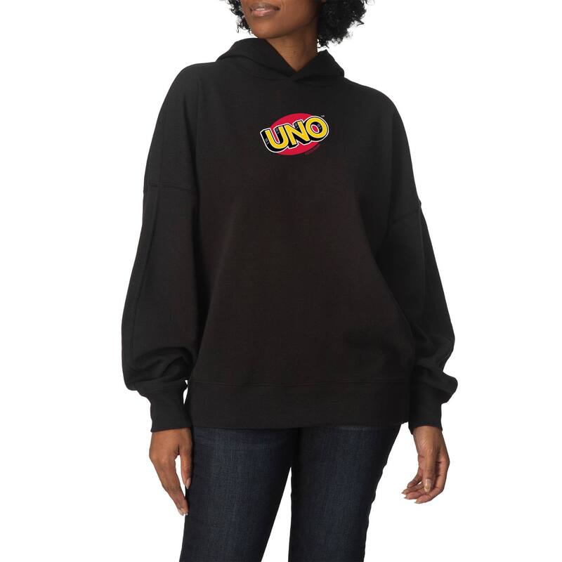 アニメ文字記号 レディース トップス ティーシャツ 汗水 ロゴタイプ フリース パーカー Licensed Character Women\u0027s UNO Logoversized Fleece Hoodie Sweatshirt Black 黒いこと