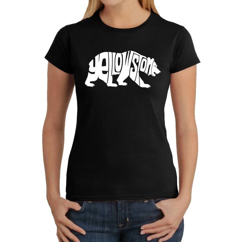 エルエーポップアート レディース トップス ティーシャツ 天使の都市 Pop Art Yellowstone Bear - Women\u0027s Word Art-Shirt Black 黒いこと