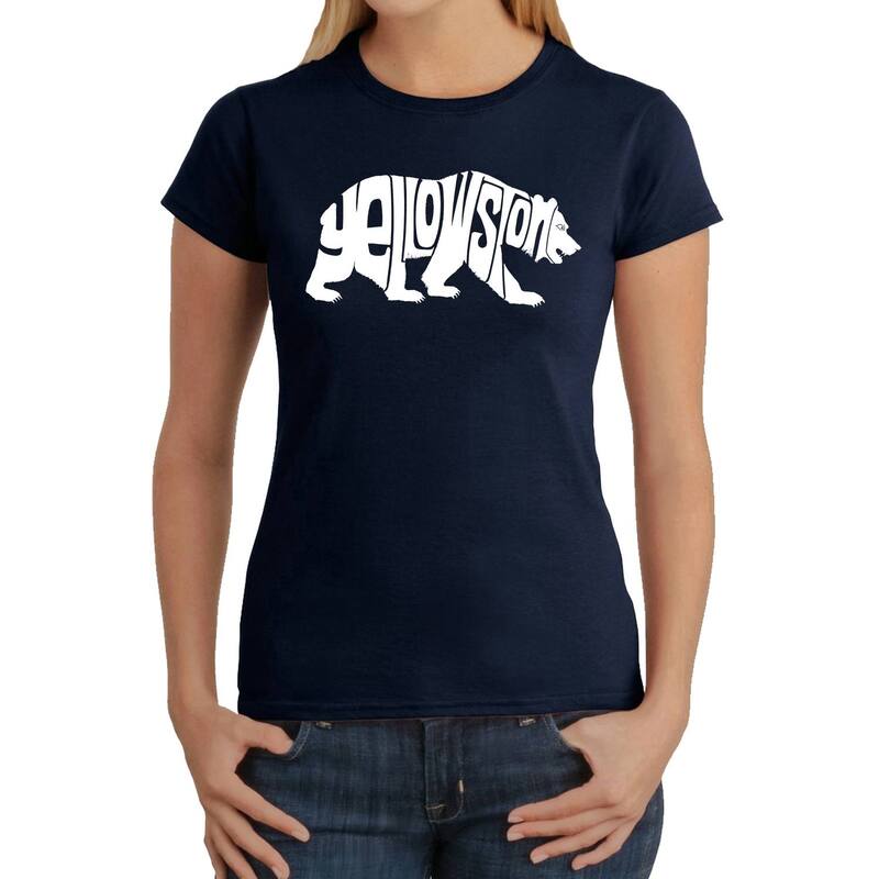 エルエーポップアート レディース トップス ティーシャツ 天使の都市 Pop Art Yellowstone Bear - Women\u0027s Word Art-Shirt Navy 米国海軍