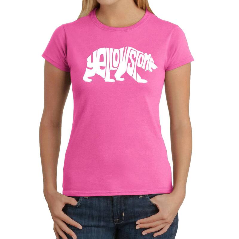 エルエーポップアート レディース トップス ティーシャツ 天使の都市 Pop Art Yellowstone Bear - Women\u0027s Word Art-Shirt Pink さくら色