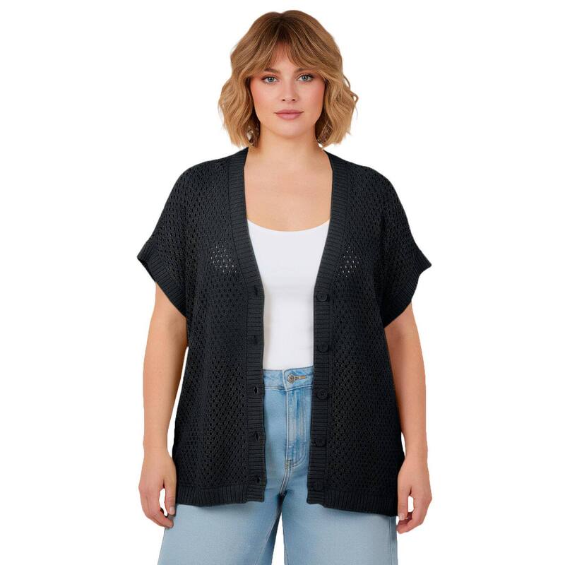 アベニュー レディース アウター 編み物・ティーシャツ 足し加える大いさ ジレー Avenue Women\u0027s Plusize Short Sleeve Button Front Cardigan Black 黒いこと