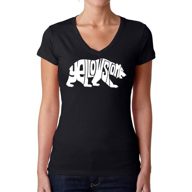 エルエーポップアート レディース トップス ティーシャツ Vのど首 天使の都市 Pop Art Yellowstone Bear - Women\u0027s Word Art V-Neck T-Shirt Black 黒いこと
