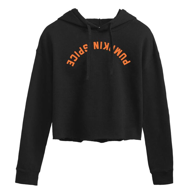 アニメ文字記号 レディース トップス ティーシャツ 落ちこむ クロップド フリース パーカー Licensed Character Juniors\u0027 Pumpkin Spice Upside Down Cropped Fleece Hoodie Black 黒いこと