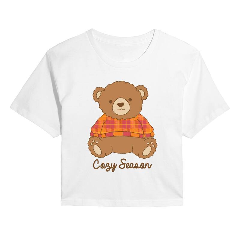 アニメ人となり レディース トップス ティーシャツ クロップド Licensed Character Juniors\u0027 Cozy Season Teddy Bear Cropped Tee White 白いこと