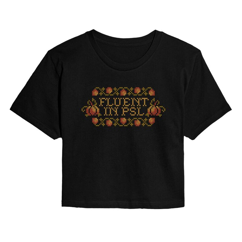アニメ人となり レディース トップス ティーシャツ クロップド Licensed Character Juniors\u0027 Pumpkin Spice Latte Cross-Stitch Cropped Tee Black 黒いこと
