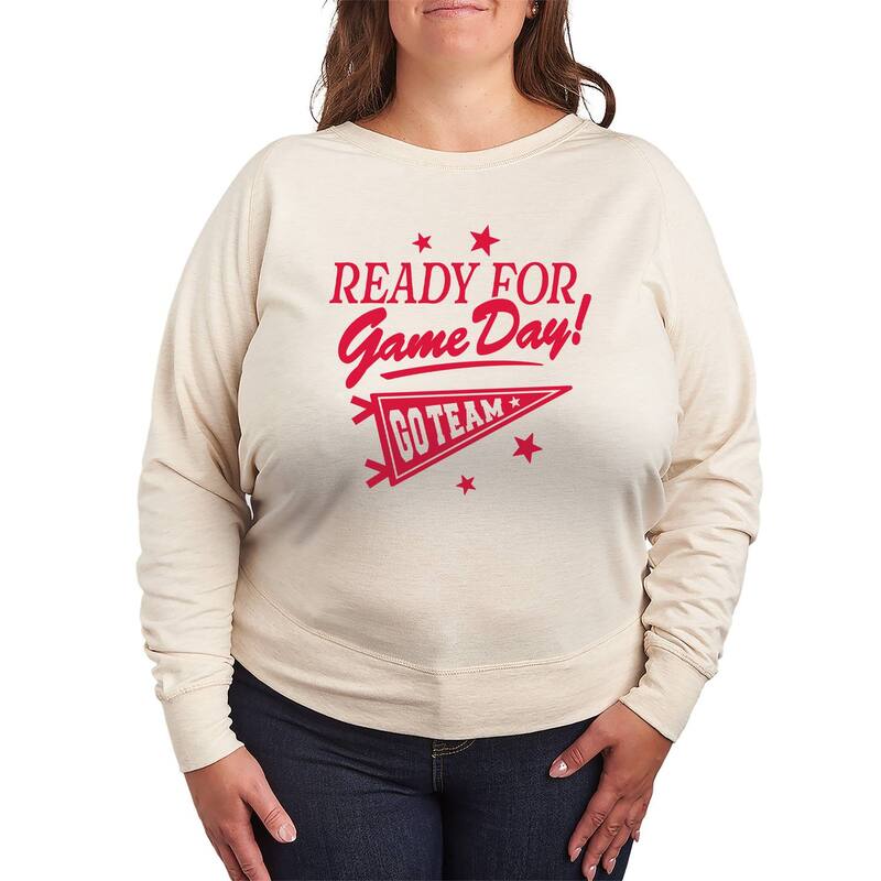 アニメ文字記号 レディース トップス ティーシャツ つけ加える大きさ パイル Licensed Character Plusize Ready For Game Day! Go Team French Terry Long Sleeve Tee Beige ベージュ