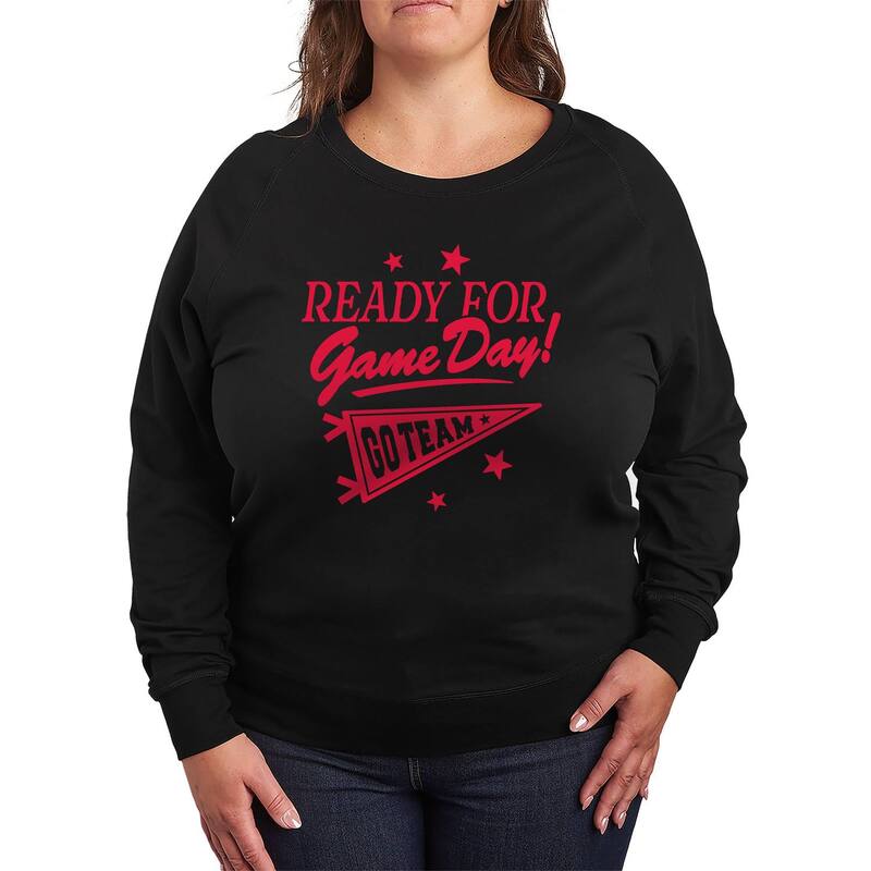 アニメ文字記号 レディース トップス ティーシャツ つけ加える大きさ パイル Licensed Character Plusize Ready For Game Day! Go Team French Terry Long Sleeve Tee Black 黒いこと