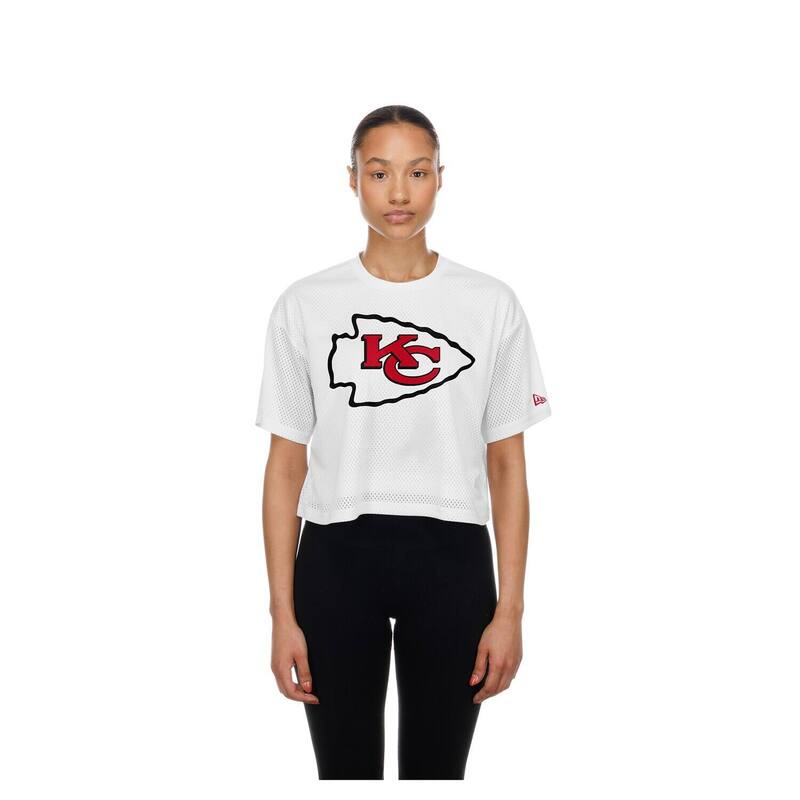 ニュー内鰓 レディース トップス ティーシャツ メッシュ クロップド Women\u0027s New Era White Kansas City Chiefsummer Mesh Cropped Boxy T-Shirt Chf White 白いこと