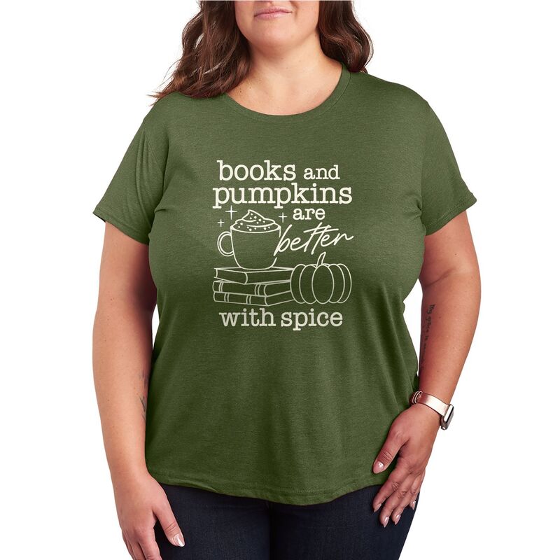 アニメ人となり レディース トップス ティーシャツ 足し加える大いさ グラフィック Licensed Character Plusize Books \u0026 Pumpkins Are Better With Spice Graphic Tee Burnt Olive オリーブ