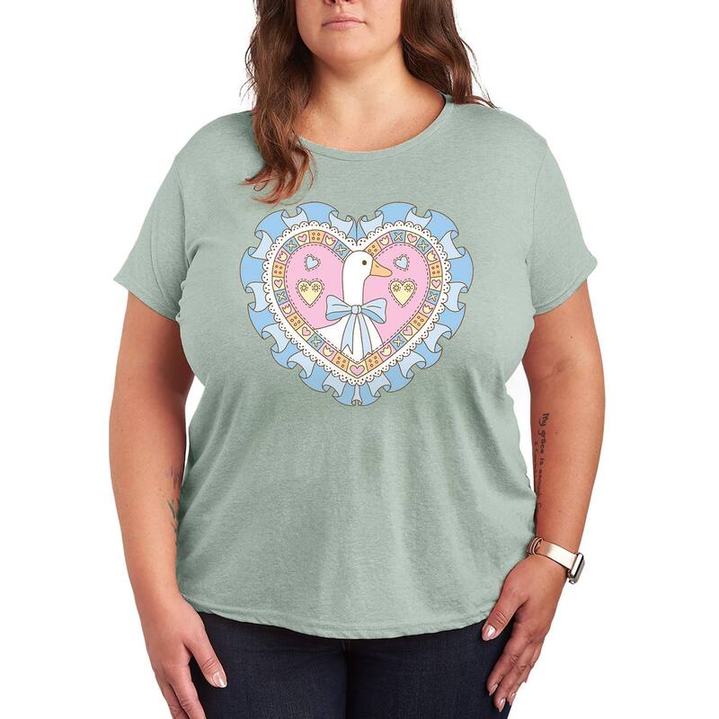 アニメ人となり レディース トップス ティーシャツ 足し加える大いさ グース グラフィック Licensed Character Plusize Coquette Goose Heart Graphic Tee Heather Sea Foam ギョリュウモドキ