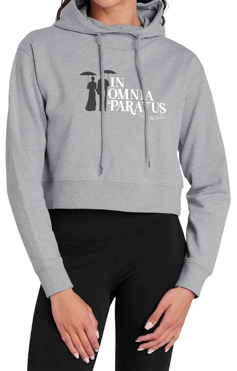 アニメ文字記号 レディース トップス ティーシャツ クロップド パーカー Licensed Character Juniors\u0027 Gilmore Girls In Omnia Cropped Hoodie Heather Gray 薄墨色