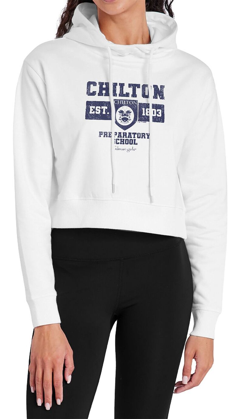 アニメ文字記号 レディース トップス ティーシャツ クロップド パーカー Licensed Character Juniors\u0027 Gilmore Girls Chilton Preparatory School Cropped Hoodie White 白いこと