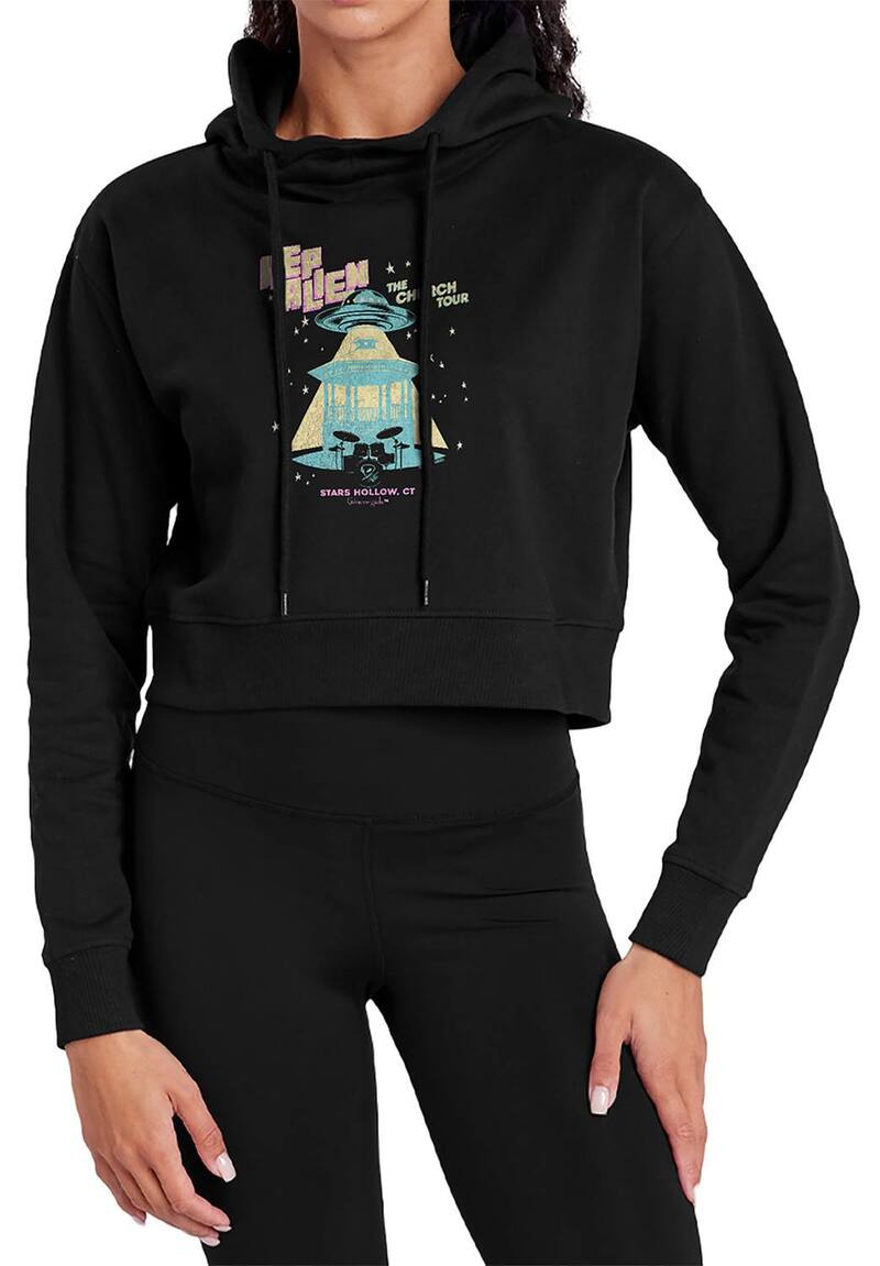 アニメ文字記号 レディース トップス ティーシャツ クロップド パーカー Licensed Character Juniors\u0027 Gilmore Girls Hep Alien Church Tour Cropped Hoodie Black 黒いこと