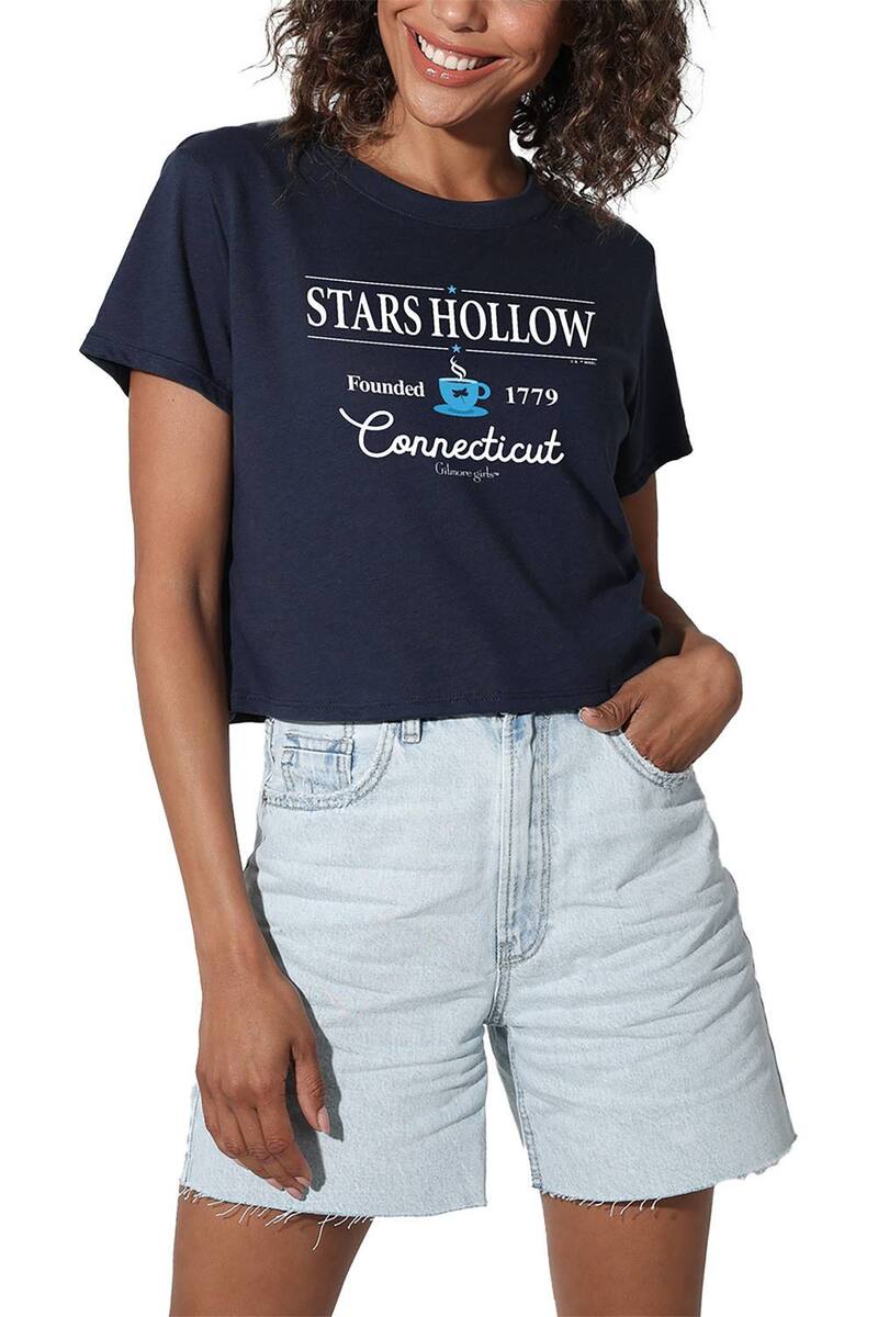 アニメ文字記号 レディース トップス プルオーバー ヴィンテージ クロップド グラフィック Licensed Character Juniors\u0027 Gilmore Girlstars Hollow Vintage Cropped Graphic Tee Navy 米国海軍