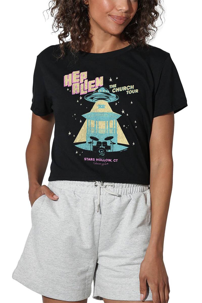 アニメ人となり レディース トップス ティーシャツ クロップド グラフィック Licensed Character Juniors\u0027 Gilmore Girls Alien Church Tour Cropped Graphic Tee Black 黒いこと