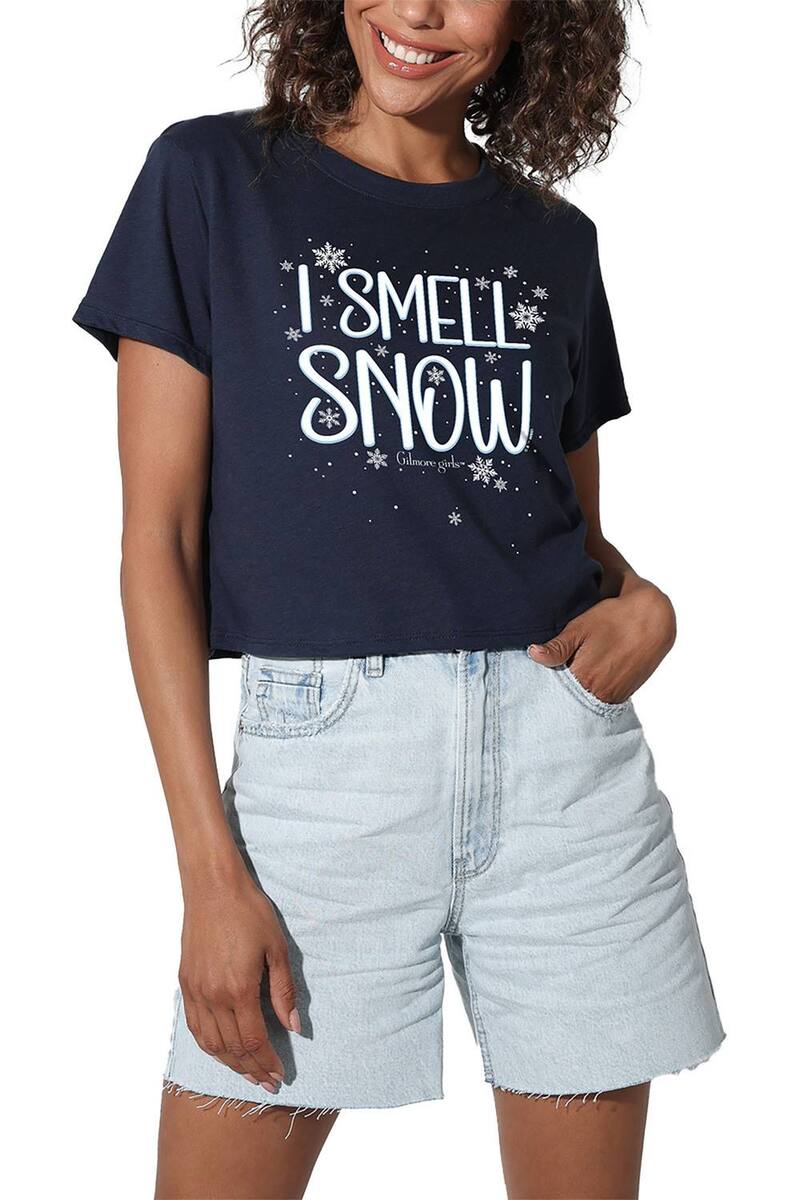 アニメ人となり レディース トップス ティーシャツ クロップド グラフィック Licensed Character Juniors\u0027 Gilmore Girls I Smell Snow Cropped Graphic Tee Navy 米国海軍