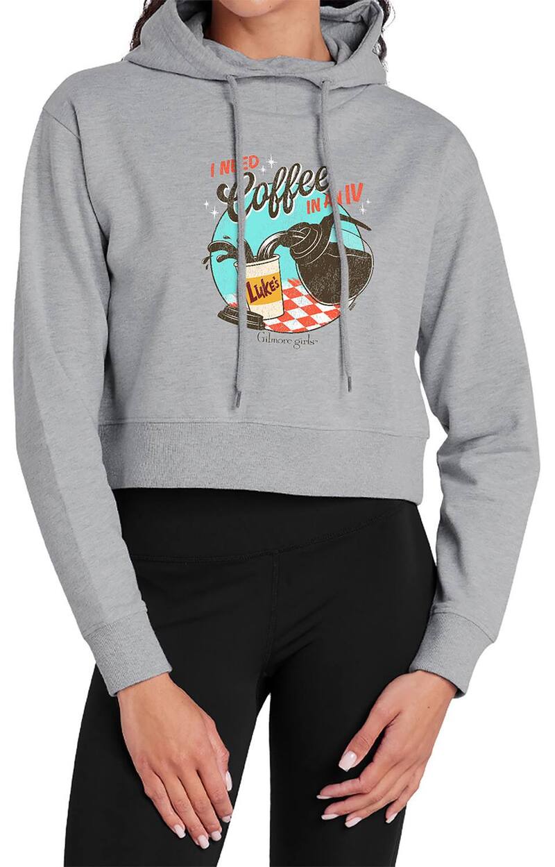 アニメ文字記号 レディース トップス ティーシャツ クロップド パーカー Licensed Character Juniors\u0027 Gilmore Girls I Need Coffee Cropped Hoodie Heather Gray 薄墨色