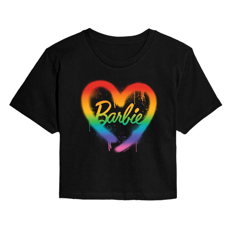 アニメ文字記号 レディース トップス プルオーバー クロップド Licensed Character Women\u0027s Barbie Rainbow Heart Cropped Tee Black 黒いこと