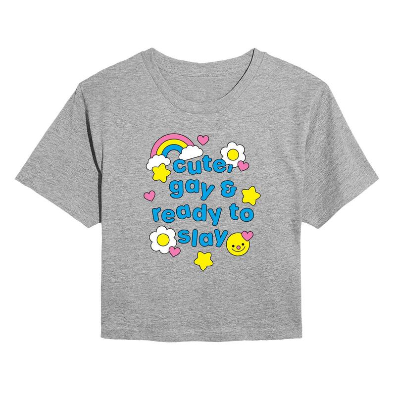 アニメ文字記号 レディース トップス プルオーバー クロップド Licensed Character Women\u0027s Cute Gay \u0026 Ready to Slay Cropped Tee Heather Gray 薄墨色