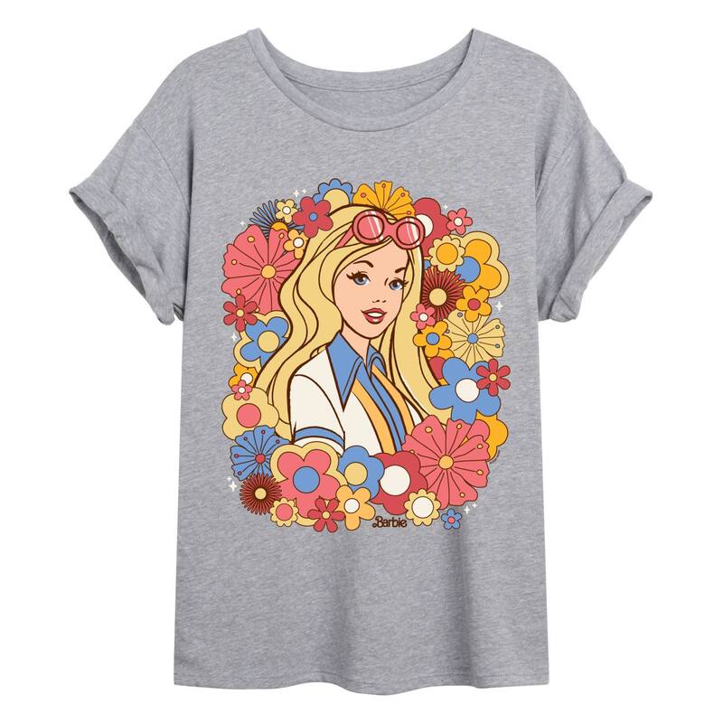 アニメ文字記号 レディース トップス ティーシャツ 御花柄 御花 Licensed Character Juniors\u0027 Barbie Retro Floral Oversized Tee Heather Gray 薄墨色