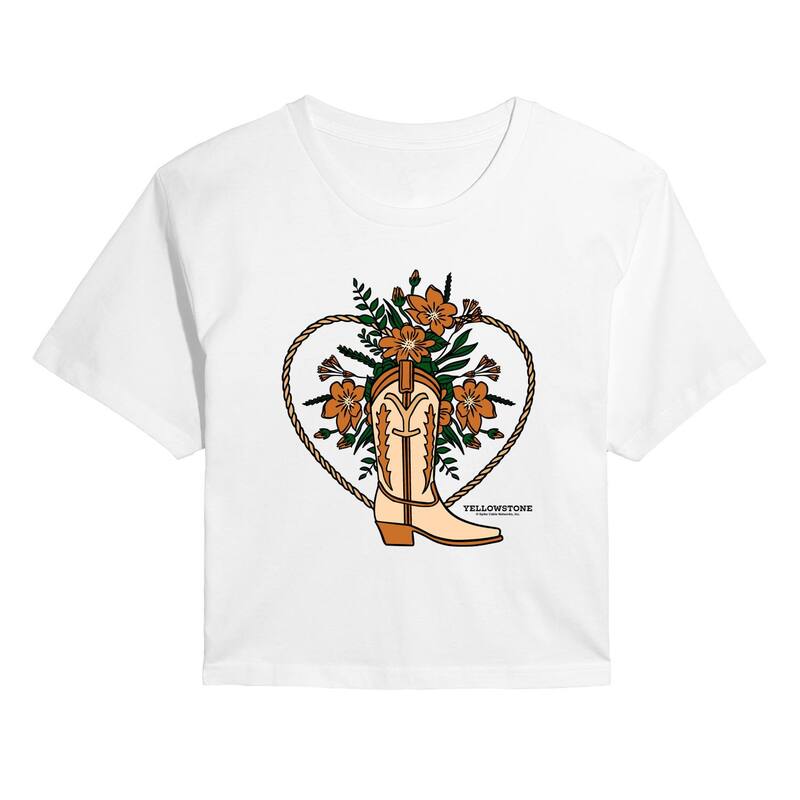 アニメ文字記号 レディース トップス プルオーバー 御花柄 クロップド ブーツ 御花 Licensed Character Juniors\u0027 Yellowstone Floral Cowboy Boot Cropped Tee White 白いこと