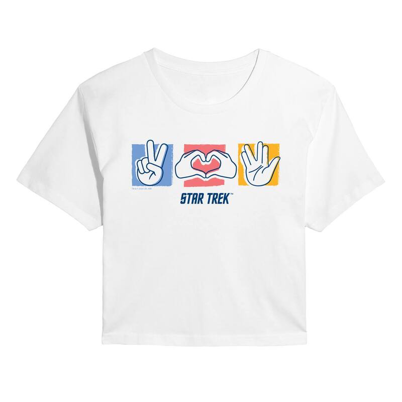 アニメ文字記号 レディース トップス プルオーバー クロップド Licensed Character Juniors\u0027 Star Trek Peace Love \u0026 Vulcan Salute Cropped Tee White 白いこと