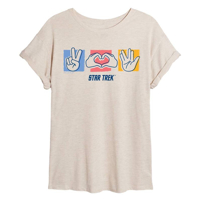 アニメ文字記号 レディース トップス ティーシャツ Licensed Character Juniors\u0027 Star Trek Peace Love \u0026 Vulcan Salute Oversized Tee Beige ベージュ