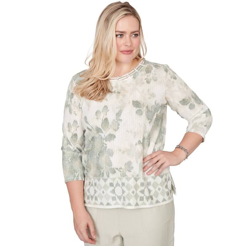 アルフレッド ダナー レディース トップス シャツ フラワー柄 プチ フラワー Petite Alfredunner Floral Tonal Border Embellished Neck Top Celadon|ReVida 店