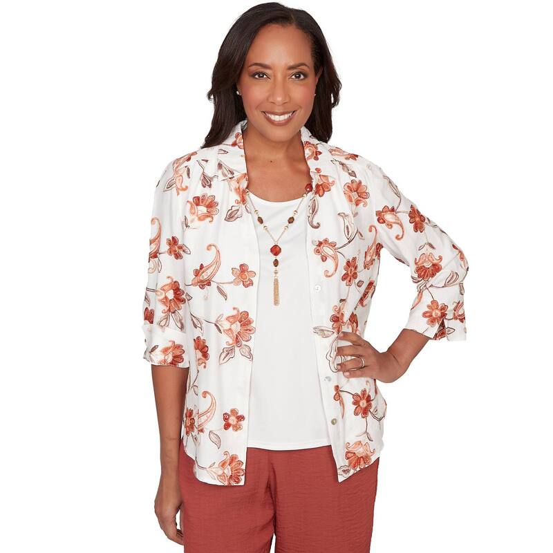 アルフレッド ダナー レディース トップス シャツ フラワー柄 プチ レース フラワー Petite Alfredunner Paisley Floral Collared Two in One Top with Necklace Ivory アイボリー|ReVida 店