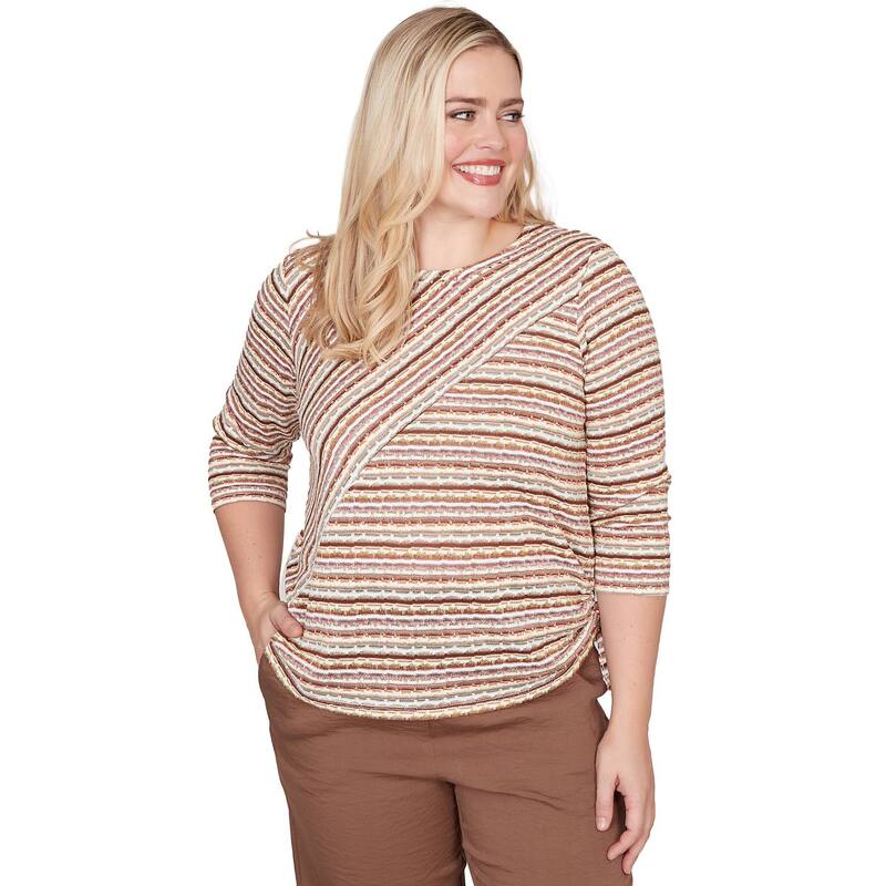 アルフレッド ダナー レディース トップス シャツ プチ ギャザー Petite Alfredunner Spliced Textured Stripe Ruched Tie Top Brown Multi ブラウン｜ReVida 店