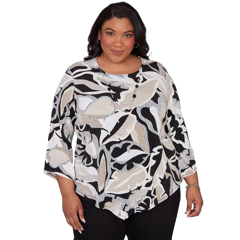 アルフレッド ダナー レディース トップス シャツ プラスサイズ レース Women's Plus Alfredunner Texture Leaves Pointed Hem Top with Necklace Black Multi ブラック｜ReVida 店