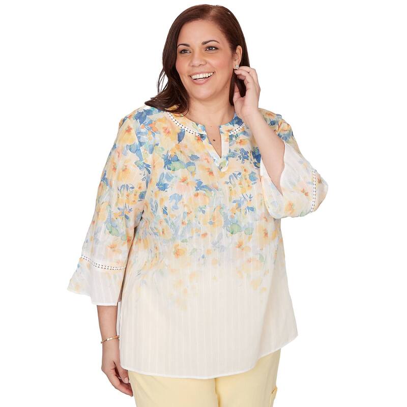 アルフレッド ダナー レディース トップス シャツ フラワー柄 プラスサイズ フラワー Plusize Alfredunner Falling Floral Three-Quarter Sleeve Top Yellow Multi イエロー｜ReVida 店
