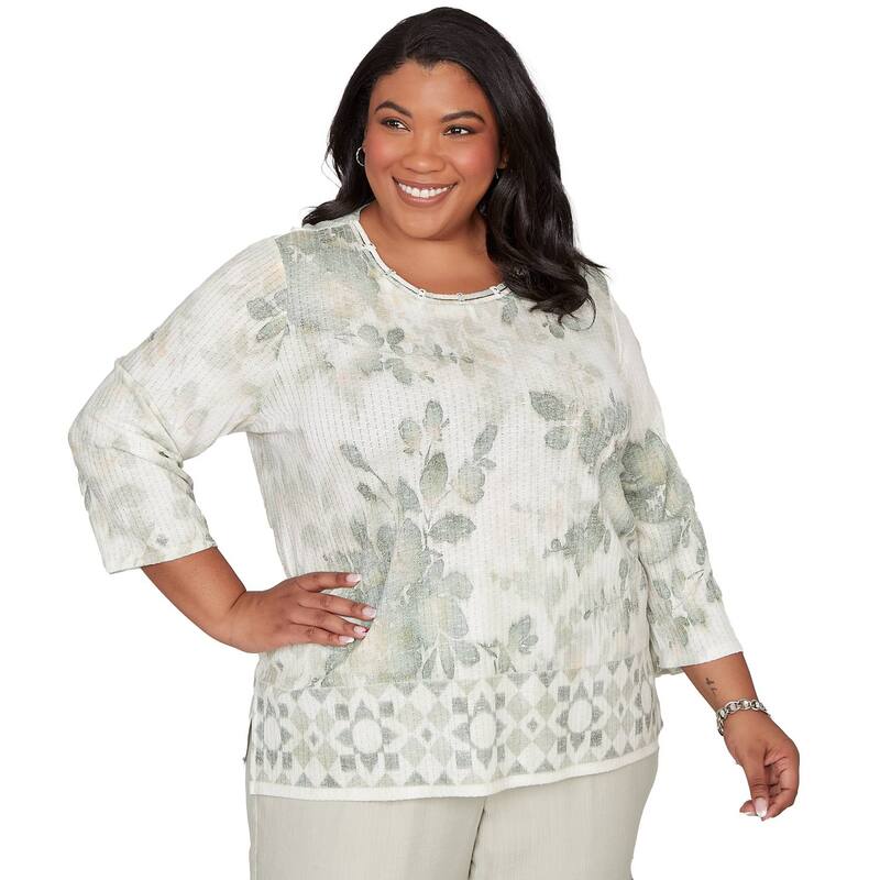 アルフレッド ダナー レディース トップス シャツ フラワー柄 プラスサイズ フラワー Plusize Alfredunner Floral Tonal Border Embellished Neck Top Celadon｜ReVida 店
