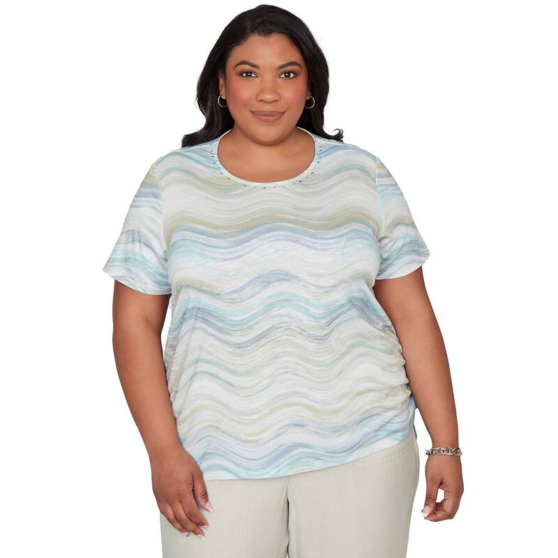 アルフレッド ダナー レディース トップス Tシャツ プラスサイズ ギャザー Plusize Alfredunner Wavy Biadere Side Tie Ruched Top Celadon|ReVida 店